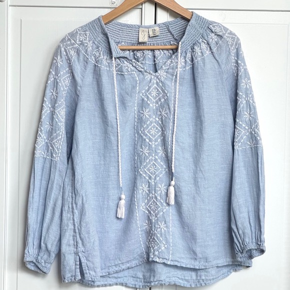 Joie Tops - Joie Blue 100% Linen Embroidered Peasant Blouse Tassel Tie Top Size Medium